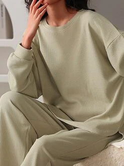 Women's Loungewear Sets Pure Color Fashion Casual Comfort Street Daily Going Out Cotton Breathable Crew Neck Long Sleeve Pant Summer Fall Blue Green -Deals The Sexy Bra Store ndezlo1689610077607