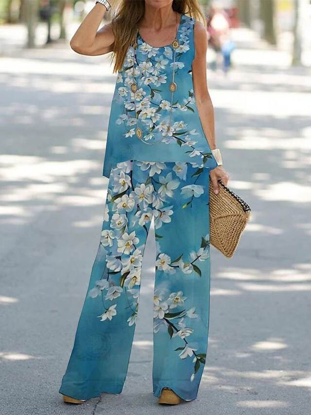 Women's Petite Sets 2 Pieces Flower Casual Comfort Street Daily Polyester Breathable Crew Neck Sleeveless Pant Summer Spring Black White 2 Women's Petite Sets 2 Pieces Flower Casual Comfort Street Daily Polyester Breathable Crew Neck Sleeveless Pant Summer Spring Black White - Image 2