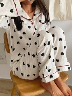 Women's Plus Size Heart Print Pajama Sets Simple Casual Comfort Home Daily Bed Polyester Breathable Lapel Long Sleeve Shirt Pant Button Summer Fall White -Deals The Sexy Bra Store ndsdxi1689581303810