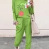 Women's Sets 2 Pieces Cartoon Monster Comfort Funny Home Christmas Polyester Breathable Crew Neck Long Sleeve Pullover Pant Pocket Fall Winter Light Green Wine