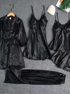 Women's Satin Silk Sexy Lingerie Sets 5 Pieces Heart Stripe Casual Comfort Soft Home Daily Bed Satin Breathable V Wire Long Sleeve Pant Pocket Elastic Waist Summer Spring Black Pink -Deals The Sexy Bra Store nebksj1680599064628