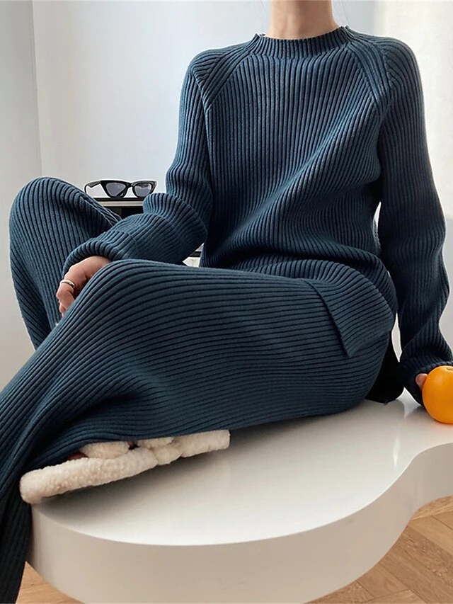 Women's Lounge Sets Sweater Sets Pure Color Fashion Casual Comfort Home Street Daily Polyester Breathable Crew Neck Long Sleeve Sweater Pant Fall Winter Black Blue 4 Women's Lounge Sets Sweater Sets Pure Color Fashion Casual Comfort Home Street Daily Polyester Breathable Crew Neck Long Sleeve Sweater Pant Fall Winter Black Blue - Image 4