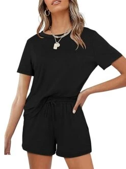 Women's Loungewear Sets Nighty 2 Pieces Pure Color Simple Comfort Home Street Cotton Crew Neck Short Sleeve T Shirt Tee Shorts Spring Summer Green Blue -Deals The Sexy Bra Store nfddqe1655894538066