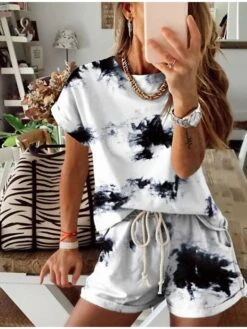 Women's Loungewear Sets Tie Dye Sport Casual Comfort Home Street Daily Cotton Breathable Crew Neck Short Sleeve T Shirt Tee Shorts Pocket Summer Spring White Yellow