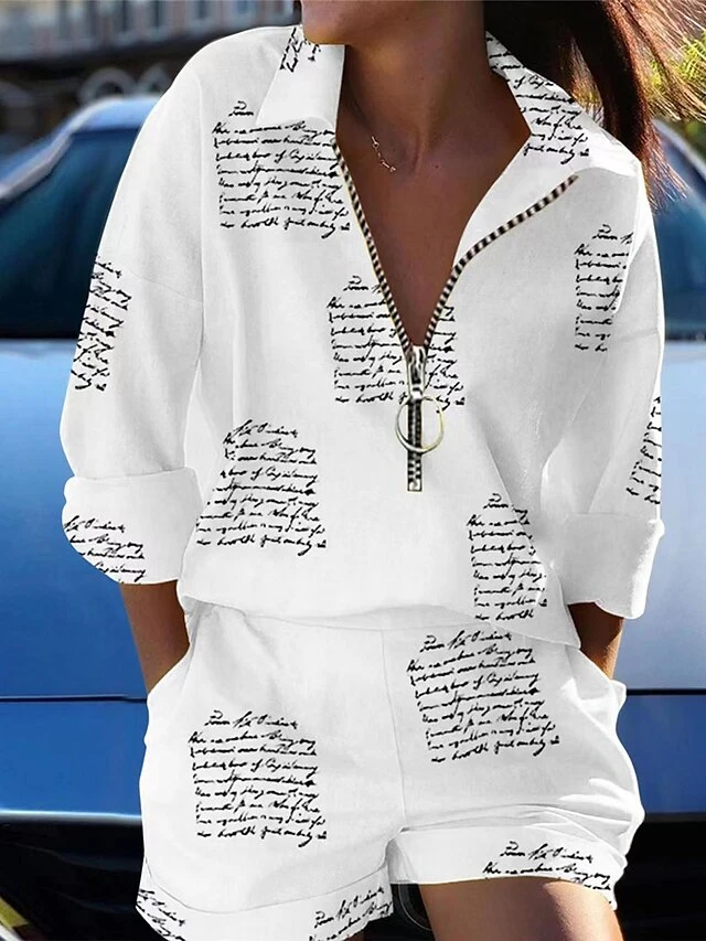 Women's Loungewear Sets Butterfly Letter Fashion Casual Street Date Airport Polyester Breathable Lapel Short Sleeve Shorts Summer Spring Black White 4 Women's Loungewear Sets Butterfly Letter Fashion Casual Street Date Airport Polyester Breathable Lapel Short Sleeve Shorts Summer Spring Black White - Image 4