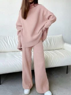 Women's Loungewear Sets Solid Turtle Neck Wide Leg Fashion Casual Comfort Home Street Daily Polyester Breathable High Neck Long Sleeve Sweater Pant Fall Winter Pink Brown -Deals The Sexy Bra Store nhsiqg1697181688535