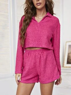 Women's Loungewear Sets Pure Color Fashion Comfort Soft Home Daily Bed Polyester Breathable Lapel Short Sleeve Pullover Shorts Fall Winter Magenta -Deals The Sexy Bra Store niwboc1693467409818