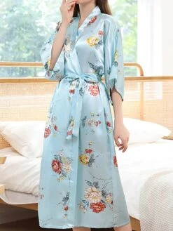 Women's Pajamas Robes Gown Bathrobes Nighty 1 PCS Flower Simple Comfort Kimono Robes Home Wedding Party Spa Satin Gift Long Sleeve Print Belt Included Spring Summer Blue Pink -Deals The Sexy Bra Store nkqhpn1644490240249