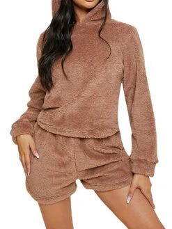 Women's Loungewear Sets Pure Color Maillard Fashion Plush Casual Home Daily Bed Flannel Breathable Hoodie Long Sleeve Hoodie Shorts Fall Winter Brown -Deals The Sexy Bra Store nmbctt1691654771311