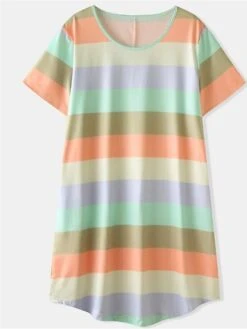Women's Pajamas Nightgown Dress Rainbow Stripe Fashion Casual Soft Home Daily Bed Cotton Blend Breathable Crew Neck Short Sleeve Backless Summer Spring Blue Light Blue -Deals The Sexy Bra Store nmkaru1679451342836