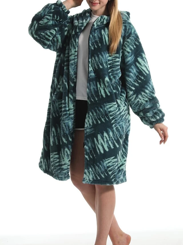 Women's Robe Tie Dye Geometic Plush Casual Comfort Home Daily Bed Flannel Warm Breathable Hoodie Long Sleeve Pocket Fall Winter Green 4 Women's Robe Tie Dye Geometic Plush Casual Comfort Home Daily Bed Flannel Warm Breathable Hoodie Long Sleeve Pocket Fall Winter Green - Image 4
