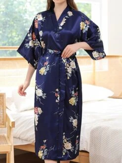 Women's Pajamas Robes Gown Bathrobes Nighty 1 PCS Flower Simple Comfort Kimono Robes Home Wedding Party Spa Satin Gift Long Sleeve Print Belt Included Spring Summer Blue Pink -Deals The Sexy Bra Store npjipt1644490234777