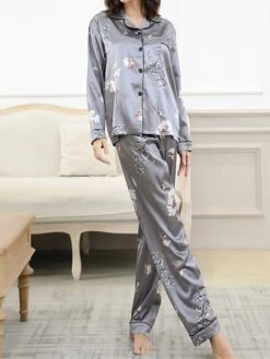 Women's Pajamas Sets Flower Fashion Comfort Soft Home Daily Bed Satin Breathable Lapel Long Sleeve Shirt Pant Button Pocket Fall Winter Black Gray 15 Women's Pajamas Sets Flower Fashion Comfort Soft Home Daily Bed Satin Breathable Lapel Long Sleeve Shirt Pant Button Pocket Fall Winter Black Gray -Deals The Sexy Bra Store nqprkg1693467375671