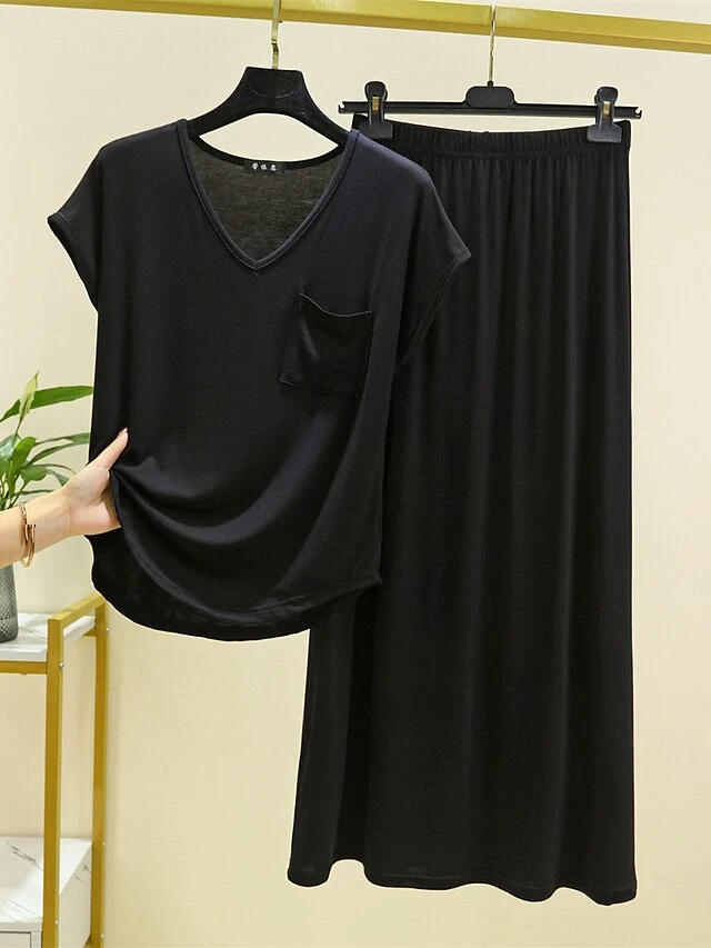 Women's Loungewear Sets Pure Color Casual Comfort Soft Home Daily Vacation Modal Breathable V Wire Short Sleeve T Shirt Tee Skirt Summer Fall Black Blue 3 Women's Loungewear Sets Pure Color Casual Comfort Soft Home Daily Vacation Modal Breathable V Wire Short Sleeve T Shirt Tee Skirt Summer Fall Black Blue - Image 3