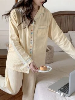Women's Loungewear Sets Heart Grid / Plaid Fashion Comfort Soft Home Daily Bed Cotton Breathable Lapel Long Sleeve Shirt Pant Button Pocket Fall Winter Yellow -Deals The Sexy Bra Store nrbjay1695281897470