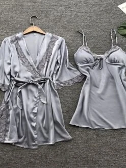 Women's Pajamas Bathrobe Robes Gown Nightgown 2 Pieces Pure Color Hot Comfort Soft Home Daily Bed Satin Breathable V Wire Half Sleeve Summer Spring Silver Yellow -Deals The Sexy Bra Store nrrfbk1677148749709