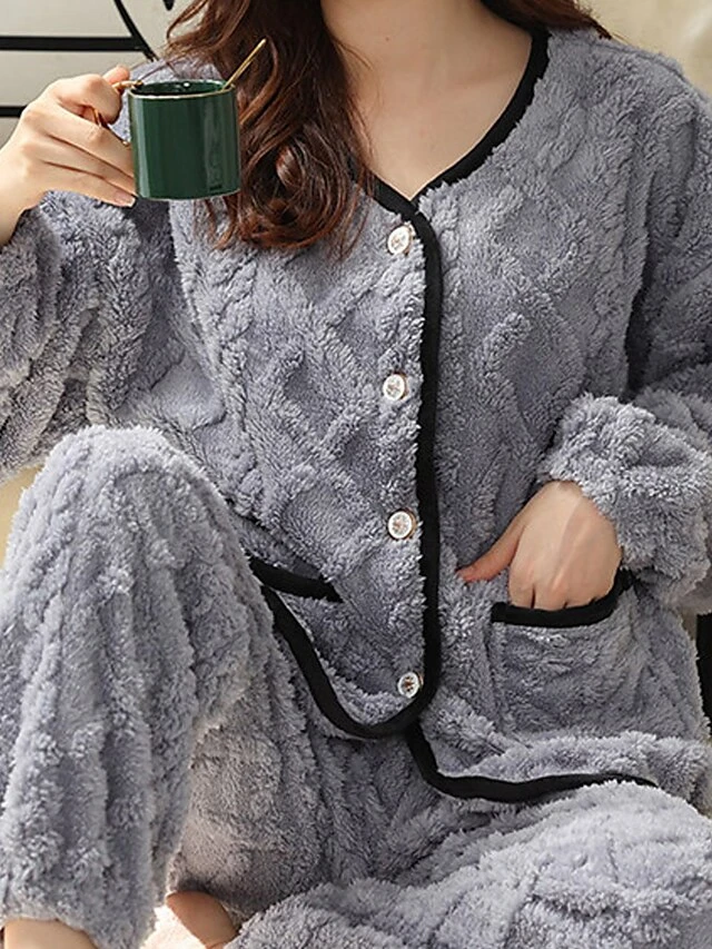 Women's Pajamas Sets Pure Color Warm Comfort Soft Home Daily Bed Flannel Warm Breathable Crew Neck Long Sleeve Cardigan Pant Button Pocket Fall Winter JY5128 JY5136 19 Women's Pajamas Sets Pure Color Warm Comfort Soft Home Daily Bed Flannel Warm Breathable Crew Neck Long Sleeve Cardigan Pant Button Pocket Fall Winter JY5128 JY5136 - Image 19
