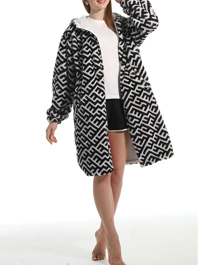 Women's Robe Geometic Plush Casual Comfort Home Daily Bed Flannel Warm Breathable Hoodie Long Sleeve Pocket Fall Winter Black 4 Women's Robe Geometic Plush Casual Comfort Home Daily Bed Flannel Warm Breathable Hoodie Long Sleeve Pocket Fall Winter Black - Image 4