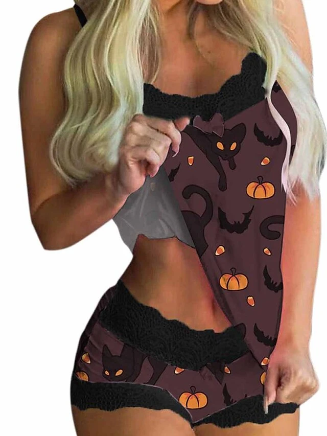 Women's Pajamas Pajama Top And Pant Sets Pumpkin Skeleton Hot Casual Soft Home Daily Bed Polyester Breathable Straps Sleeveless Strap Top Shorts Summer Spring Black White 11 Women's Pajamas Pajama Top And Pant Sets Pumpkin Skeleton Hot Casual Soft Home Daily Bed Polyester Breathable Straps Sleeveless Strap Top Shorts Summer Spring Black White - Image 11