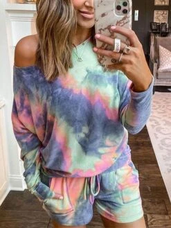 Women's Pajama Top And Pant Tie Dye Fashion Casual Soft Home Daily Bed Polyester Breathable One Shoulder Long Pant T Shirt Tee Shorts Summer Fall Light Green Blue -Deals The Sexy Bra Store numyro1690183487580