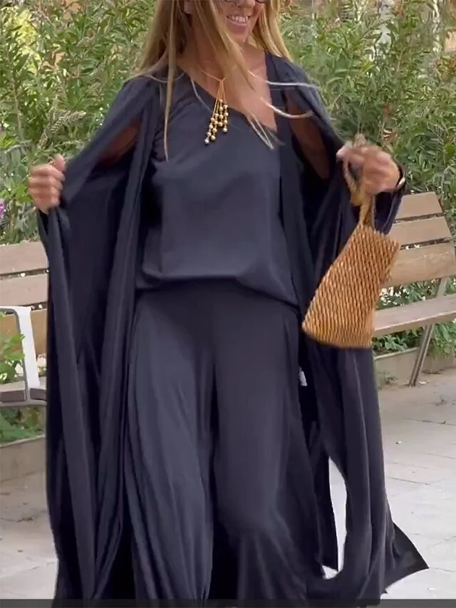 Women's Sets 4 Pcs Cotton And Spandex One Shoulder Shirt Long Vest Cardigan And Wide Leg Pants Pure Color Comfort Soft Home Daily Jersey Summer Spring Black Gray 2 Women's Sets 4 Pcs Cotton And Spandex One Shoulder Shirt Long Vest Cardigan And Wide Leg Pants Pure Color Comfort Soft Home Daily Jersey Summer Spring Black Gray - Image 2