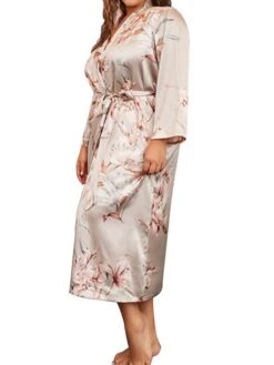 Women's Plus Size Pajamas Robe Bathrobe Silk Robe Flower Fashion Casual Comfort Home Daily Bed Satin Breathable V Wire Long Sleeve Fall Winter Khaki -Deals The Sexy Bra Store nxaglp1694164480173