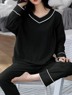 Women's Pajamas Sets Nighty Pjs 2 Pieces Pure Color Fashion Simple Comfort Home Daily Bed Cotton Breathable Gift V Wire Long Sleeve Pant Elastic Waist Fall Spring Green Blue -Deals The Sexy Bra Store nxflio1640598857679