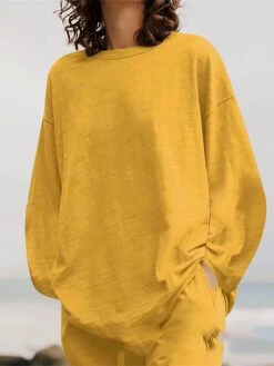 Women's Plus Size Loungewear Sets 2 Pieces Pure Color Fashion Casual Comfort Street Daily Date Cotton Breathable Crew Neck Long Sleeve Pant Summer Fall White Yellow -Deals The Sexy Bra Store nxivzw1689326422396