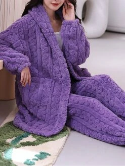 Women's Pajamas Sets Pure Color Warm Fashion Plush Home Daily Bed Coral Fleece Coral Velvet Warm Breathable Hoodie Long Sleeve Cardigan Pant Button Pocket Fall Winter Yellow Pink