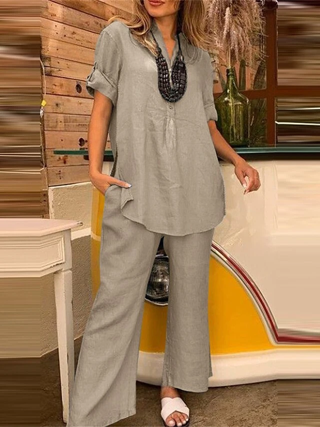 Women's Plus Size Loungewear Sets Pure Color Basic Casual Comfort Home Street Daily Cotton Breathable V Wire Half Sleeve Shirt Pant Pocket Summer Spring Blue Green 1 Women's Plus Size Loungewear Sets Pure Color Basic Casual Comfort Home Street Daily Cotton Breathable V Wire Half Sleeve Shirt Pant Pocket Summer Spring Blue Green