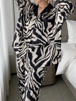 Women's Loungewear Sets 2 Pieces Zebra Fashion Casual Comfort Street Daily Date Polyester Breathable Lapel Long Sleeve Pant Button Pocket Summer Fall Black -Deals The Sexy Bra Store nzdthy1689686460856