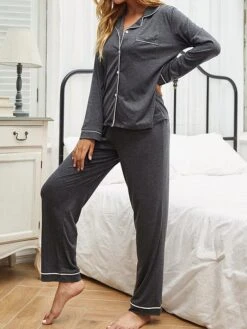 Women's Pajamas Pants Sets Pure Color Casual Comfort Soft Daily Bed Polyester Breathable Lapel Long Sleeve Pant Pocket Elastic Waist Fall Winter Pink Gray