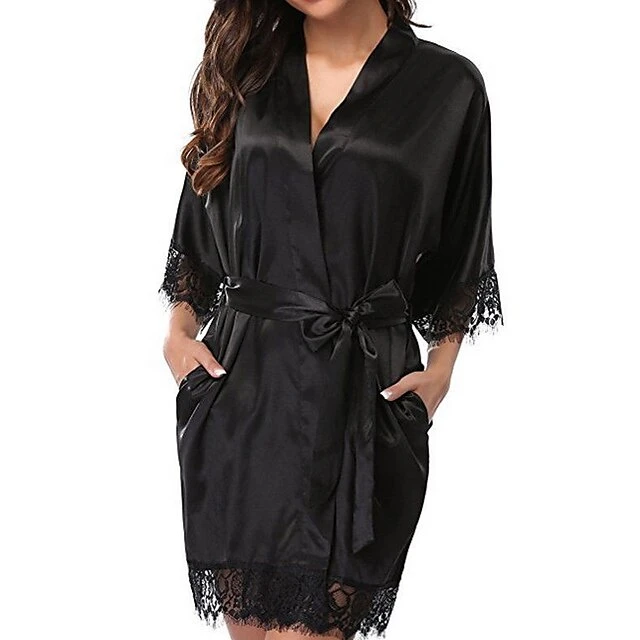 Women's Robes Gown Sets Bathrobes Nighty 1 PCS Pure Color Satin Simple Casual Home Party Wedding Party Spandex Gift Half Sleeve Lace Belt Included Spring Summer White Black 1 Women's Robes Gown Sets Bathrobes Nighty 1 PCS Pure Color Satin Simple Casual Home Party Wedding Party Spandex Gift Half Sleeve Lace Belt Included Spring Summer White Black