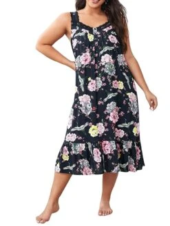 Women's Plus Size Loungewear Dress Flower Casual Comfort Soft Home Daily Bed Polyester Breathable Straps Sleeveless Dress Spring Summer Black Pink -Deals The Sexy Bra Store ofdrfj1676281703473