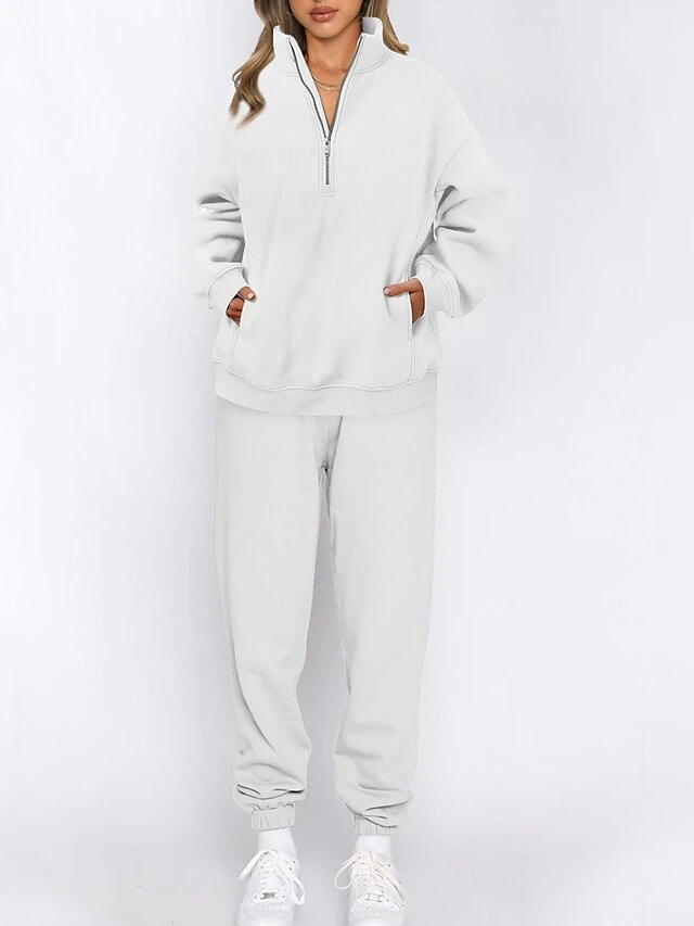 Women's Loungewear Sets Pure Color Fashion Comfort Soft Home Daily Bed Polyester Breathable Stand Collar Long Sleeve Pullover Pant Pocket Fall Winter Black White 3 Women's Loungewear Sets Pure Color Fashion Comfort Soft Home Daily Bed Polyester Breathable Stand Collar Long Sleeve Pullover Pant Pocket Fall Winter Black White - Image 3