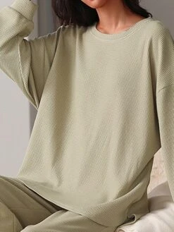 Women's Loungewear Sets Pure Color Fashion Casual Comfort Street Daily Going Out Cotton Breathable Crew Neck Long Sleeve Pant Summer Fall Blue Green -Deals The Sexy Bra Store ofniqr1689610253410