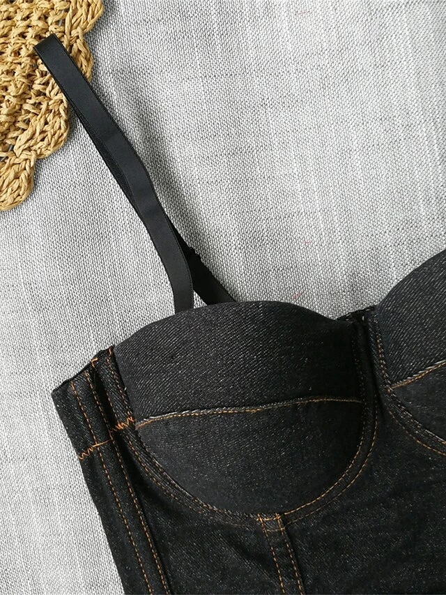 Women's Denim Corset Top Bustier Solid Fashion Bar Vacation Breathable Straps Sleeveless Backless Summer Spring Black Blue 12 Women's Denim Corset Top Bustier Solid Fashion Bar Vacation Breathable Straps Sleeveless Backless Summer Spring Black Blue - Image 12