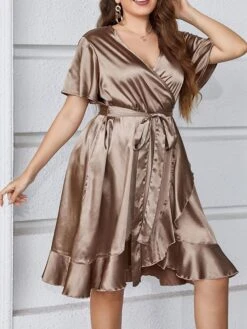Women's Plus Size Loungewear Dress Pure Color Casual Comfort Sweet Home Daily Vacation Polyester Breathable V Wire Short Sleeve Dress Spring Summer Light Brown -Deals The Sexy Bra Store ofsxwt1675748807728