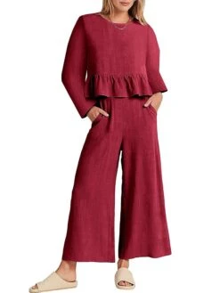 Women's Loungewear Sets Pure Color Casual Comfort Soft Street Daily Vacation Polyester Breathable Crew Neck Long Sleeve Pant Pocket Summer Fall Black Army Green -Deals The Sexy Bra Store oineyr1691133282678