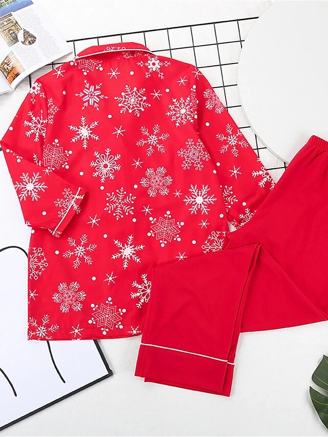 Women's Christmas Pajamas Sets Snowflake Fashion Comfort Soft Home Xmas Daily Polyester Breathable Lapel Long Sleeve Shirt Pant Button Pocket Fall Winter Red 3 Women's Christmas Pajamas Sets Snowflake Fashion Comfort Soft Home Xmas Daily Polyester Breathable Lapel Long Sleeve Shirt Pant Button Pocket Fall Winter Red - Image 3