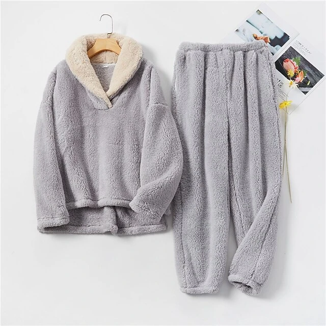 Women's Flannel Warm Pajamas Sets Nighty Pure Color Plush Fashion Comfort Home Christmas Vacation V Wire Long Sleeve Sweater Pant Elastic Waist Fall Winter Gray Purple / Lace Up 11 Women's Flannel Warm Pajamas Sets Nighty Pure Color Plush Fashion Comfort Home Christmas Vacation V Wire Long Sleeve Sweater Pant Elastic Waist Fall Winter Gray Purple / Lace Up - Image 11