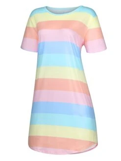 Women's Pajamas Nightgown Dress Rainbow Stripe Fashion Casual Soft Home Daily Bed Cotton Blend Breathable Crew Neck Short Sleeve Backless Summer Spring Blue Light Blue -Deals The Sexy Bra Store oisjju1679451343365