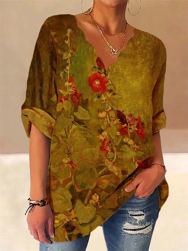 Women's Plus Size Loungewear Top Flower Simple Casual Comfort Home Street Daily Polyester Breathable V Wire Long Sleeve Shirt Summer Spring Yellow Red 2 Women's Plus Size Loungewear Top Flower Simple Casual Comfort Home Street Daily Polyester Breathable V Wire Long Sleeve Shirt Summer Spring Yellow Red - Image 2