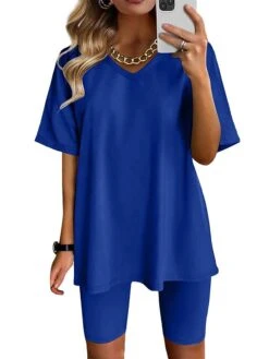 Women's Loungewear Sets Pure Color Fashion Comfort Soft Street Daily Going Out Cotton Spandex Jersey Breathable V Wire Short Sleeve Shorts Elastic Waist Summer Spring Lake Blue Lotus Pink -Deals The Sexy Bra Store okafwe1685499415718