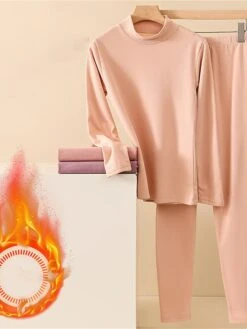 Women's Delong Thermal Underwear Pure Color Simple Casual Comfort Home Daily Going Out Polyester Warm Stand Collar Long Sleeve Pant Elastic Waist Fall Winter Light Pink Pink -Deals The Sexy Bra Store okekdt1697161962647