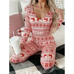 Women's Xmas Onesie Pajama Letter Elk Casual Comfort Soft ChristmasBreathable V Wire Long Sleeve Fall Winter -Deals The Sexy Bra Store okyley1695281846989