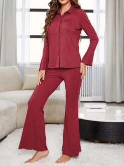 Women's Loungewear Sets Pure Color Fashion Casual Comfort Wedding Party Polyester Breathable Lapel Long Sleeve Shirt Pant Button Fall Winter Wine 11 Women's Loungewear Sets Pure Color Fashion Casual Comfort Wedding Party Polyester Breathable Lapel Long Sleeve Shirt Pant Button Fall Winter Wine -Deals The Sexy Bra Store olojsc1692950060477