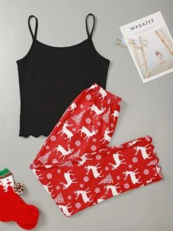 Women's Xmas Pajamas Sets Elk Snowflake Casual Comfort Soft Christmas Polyester Breathable Straps Sleeveless Strap Top Pant Fall Winter Red -Deals The Sexy Bra Store olwiha1695281820596