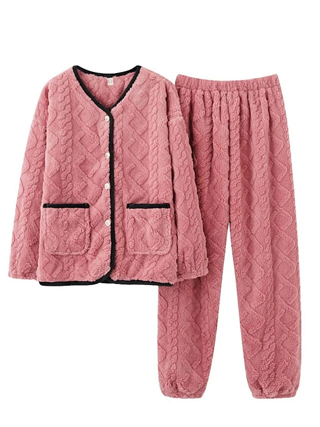 Women's Pajamas Sets Pure Color Warm Comfort Soft Home Daily Bed Flannel Warm Breathable Crew Neck Long Sleeve Cardigan Pant Button Pocket Fall Winter JY5128 JY5136 4 Women's Pajamas Sets Pure Color Warm Comfort Soft Home Daily Bed Flannel Warm Breathable Crew Neck Long Sleeve Cardigan Pant Button Pocket Fall Winter JY5128 JY5136 - Image 4