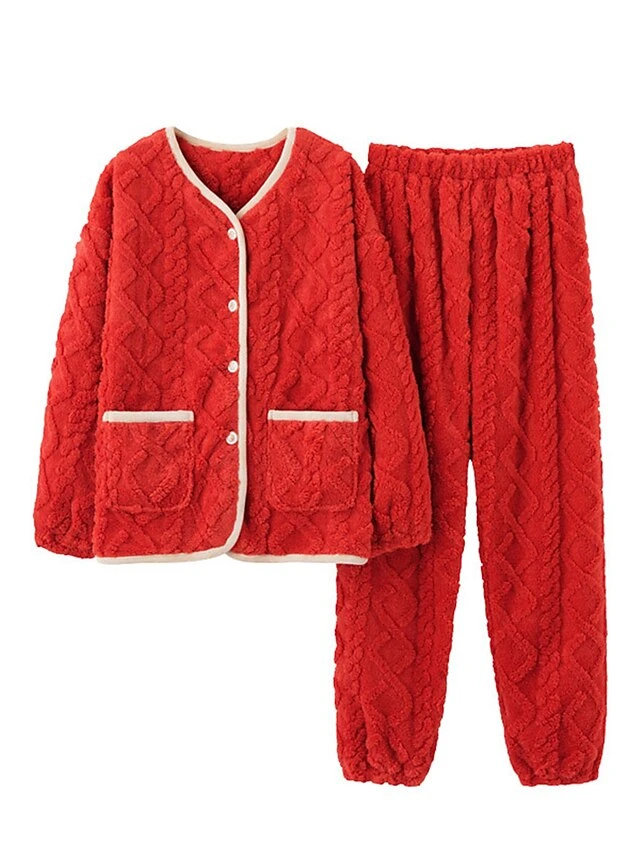 Women's Pajamas Sets Pure Color Warm Comfort Soft Home Daily Bed Flannel Warm Breathable Crew Neck Long Sleeve Cardigan Pant Button Pocket Fall Winter JY5128 JY5136 6 Women's Pajamas Sets Pure Color Warm Comfort Soft Home Daily Bed Flannel Warm Breathable Crew Neck Long Sleeve Cardigan Pant Button Pocket Fall Winter JY5128 JY5136 - Image 6